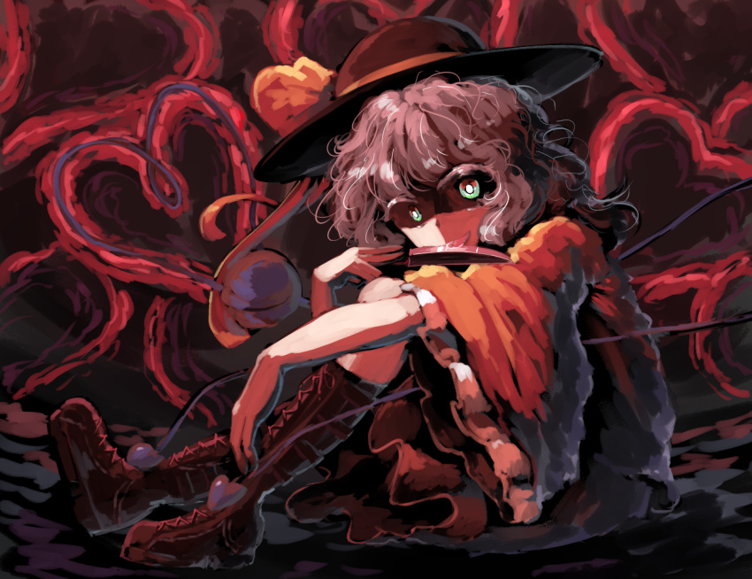 1girl abstract abstract_background boots bow brown_footwear cross cross-laced_footwear evil_grin evil_smile eyeball frilled_skirt frilled_sleeves frills grin hat hat_bow hat_ribbon headwear heart heart_of_string holding holding_knife holding_weapon kitchen_knife knife komeiji_koishi legs_up looking_at_viewer mary-san nose open_eyes ribbon shaded_face shadow shirt silver_hair sitting skirt smile spell_card string sunyup third_eye touhou wavy_hair weapon white_hair wide-eyed wide_sleeves yellow_bow yellow_ribbon