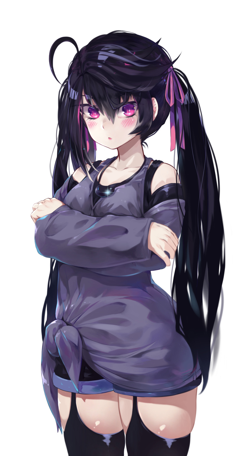 1girl absurdres bangs bare_shoulders black_hair black_legwear breasts collarbone commentary_request hair_ribbon highres long_sleeves looking_at_viewer original pink_eyes pink_ribbon ribbon short_shorts shorts small_breasts thigh-highs torieto twintails