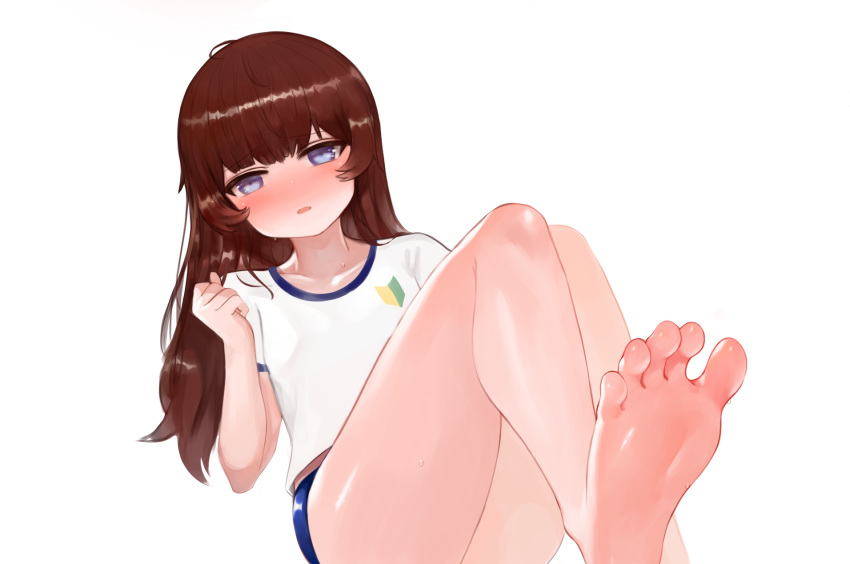 1girl bangs bare_legs barefoot blue_buruma blue_eyes blush brown_hair buruma character_request collarbone dokomon eyebrows_visible_through_hair feet girls_frontline gym_shirt gym_uniform highres legs long_hair looking_at_viewer nose_blush parted_lips shirt short_sleeves shoshinsha_mark simple_background soles solo sweat toes very_long_hair white_background white_shirt