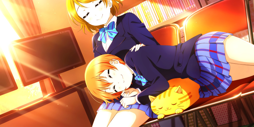 blush green_eyes hoshizora_rin koizumi_hanayo love_live!_school_idol_festival_all_stars orange_hair school_uniform short_hair smile