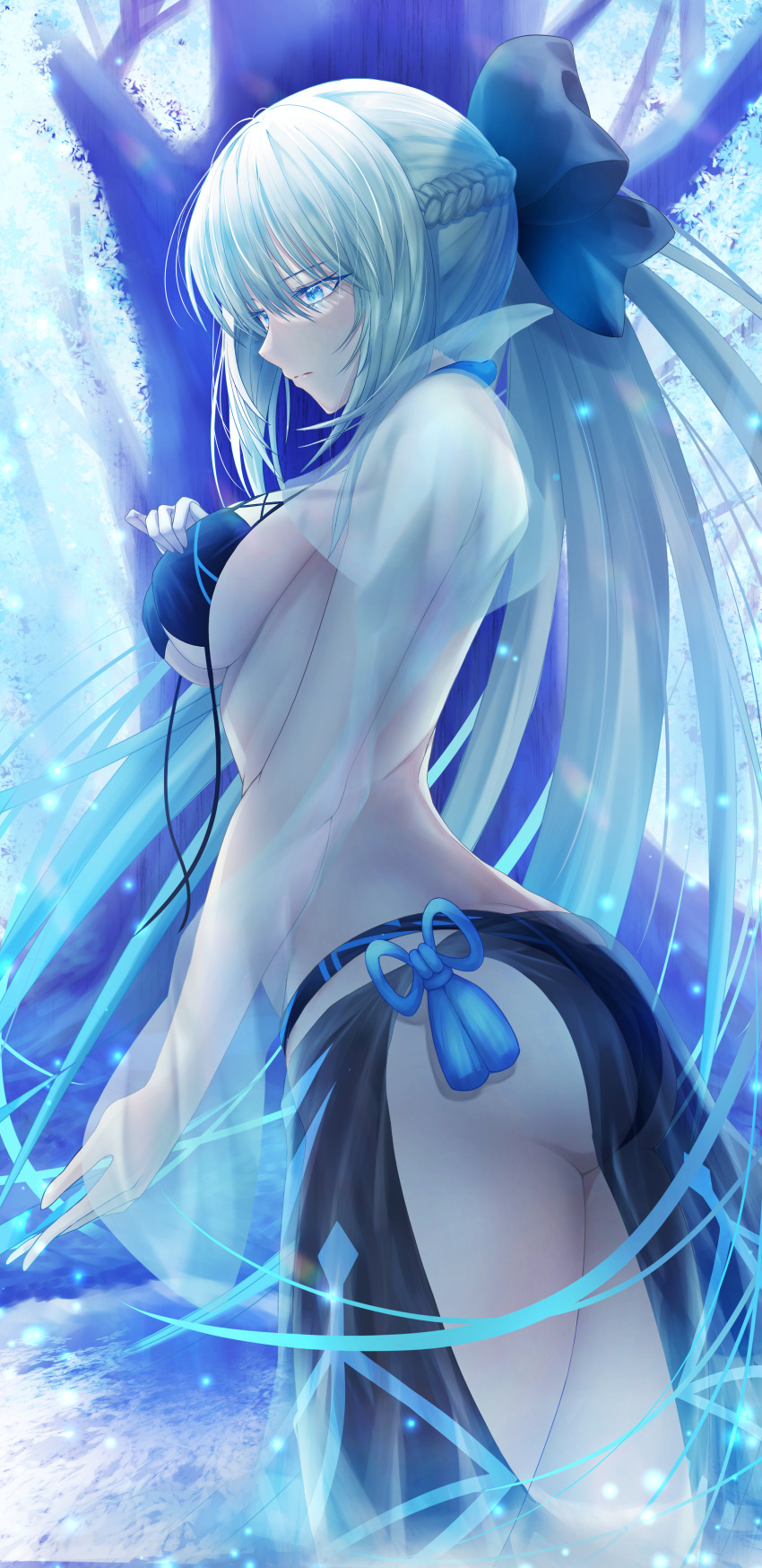 1girl absurdres ass bangs bare_thighs bikini black_bikini black_bow blue_eyes bow braid breasts fate/grand_order fate_(series) female_ass french_braid grey_hair hair_bow highres huge_filesize large_breasts legs legs_together long_hair long_sleeves morgan_le_fay_(fate) penguintake ponytail sarong see-through sheer_clothes sideboob sidelocks solo swimsuit thighs untied_bikini untied_bikini_top untied_bra very_long_hair