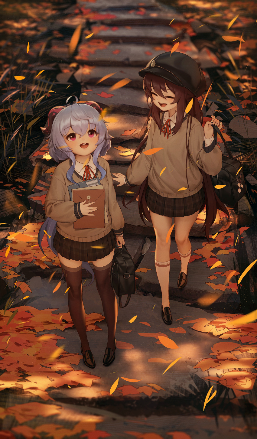 2girls :d absurdres ahoge autumn_leaves bag bangs black_footwear black_headwear blue_hair brown_hair brown_legwear brown_skirt brown_sweater closed_eyes collared_shirt commentary english_commentary eyebrows_visible_through_hair facing_another from_above full_body ganyu_(genshin_impact) genshin_impact goat_horns hair_between_eyes hat highres holding holding_bag horns hu_tao_(genshin_impact) kneehighs loafers long_hair long_sleeves looking_up multiple_girls neck_ribbon open_mouth plaid plaid_skirt pleated_skirt red_ribbon revision ribbon round_teeth school_uniform shirt shoes signature skirt smile standing starsd sweater teeth thigh-highs upper_teeth very_long_hair violet_eyes white_legwear wind