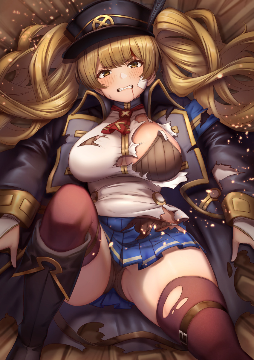 1girl absurdres bangs blonde_hair blood blush boots bra breasts brown_legwear clenched_teeth commentary_request eyebrows_visible_through_hair granblue_fantasy hat highres kent0320 large_breasts long_hair looking_at_viewer lying monika_weisswind on_back panties parted_lips peaked_cap pleated_skirt skirt solo teeth thigh-highs thigh_strap thighs torn_bra torn_clothes torn_legwear twintails underwear