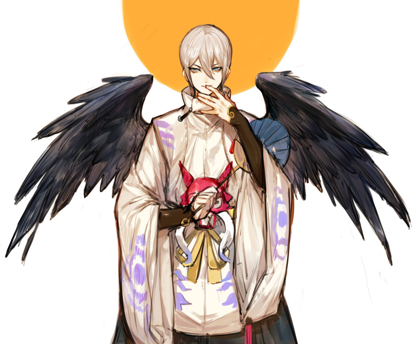 1boy absurdres black_wings blue_eyes copyright_request covering_mouth cowboy_shot fan feathered_wings grey_hair hair_between_eyes hakama hand_over_own_mouth hand_up highres japanese_clothes long_sleeves looking_at_viewer male_focus onmyoji paper_fan parted_lips ribbon rosette_(yankaixuan) smile solo standing white_background wide_sleeves wings yellow_ribbon
