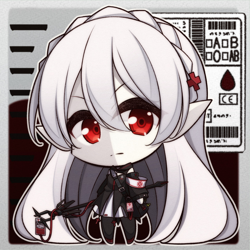 1girl 7:08 arknights bag bangs bare_shoulders blood braid chibi closed_mouth cross crown_braid detached_sleeves expressionless eyebrows_visible_through_hair hair_between_eyes hair_ornament highres jacket long_hair long_sleeves looking_at_viewer no_nose pale_skin pantyhose pointy_ears red_eyes silver_hair solo standing very_long_hair warfarin_(arknights)