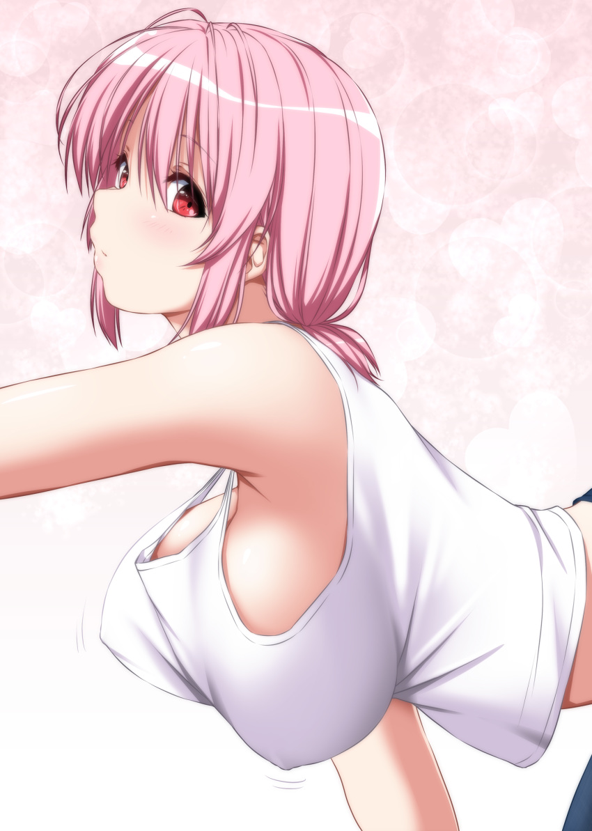 1girl bangs bare_shoulders bent_over breasts commentary_request gradient gradient_background hanging_breasts highres large_breasts midriff no_hat no_headwear nori_tamago pink_background pink_hair red_eyes saigyouji_yuyuko short_hair solo tank_top touhou upper_body white_tank_top
