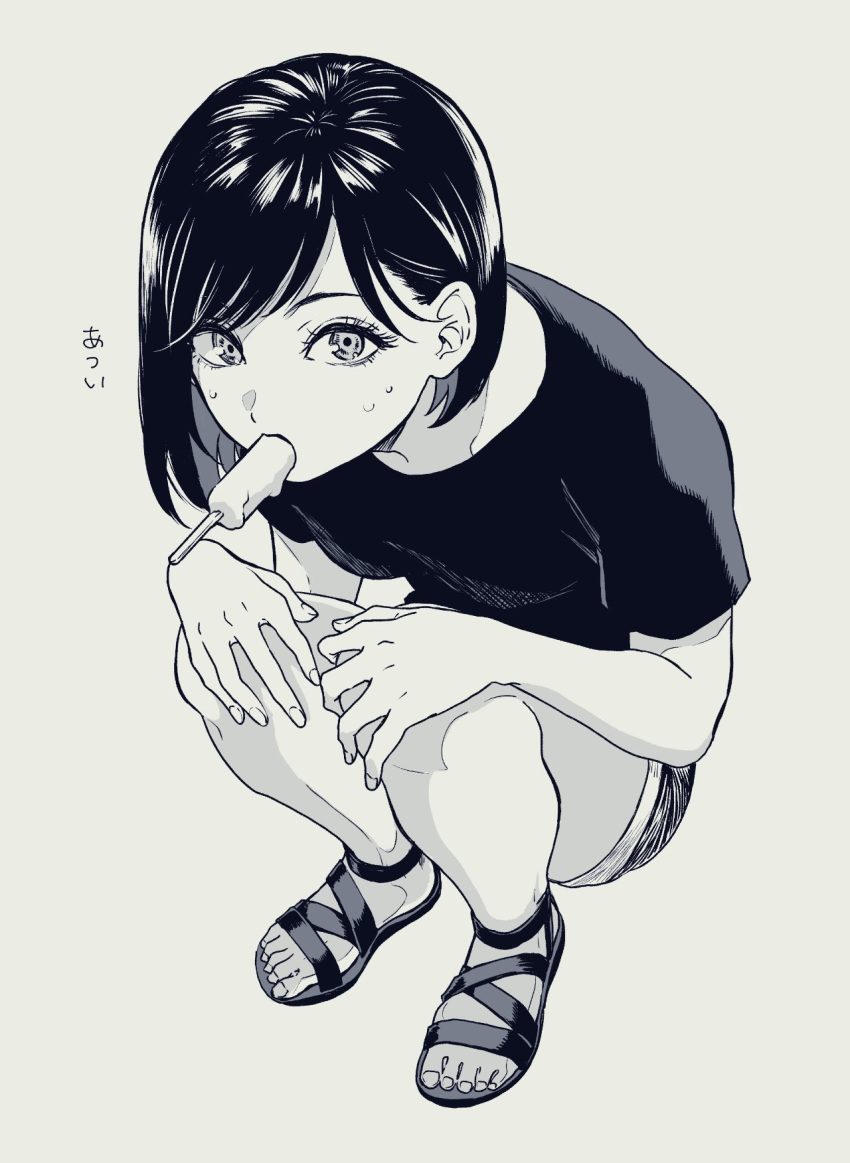 1girl bob_cut fingernails food grey_background greyscale hands_on_own_knees highres looking_at_viewer monochrome mouth_hold nikaidou_kou original popsicle sandals shirt short_hair shorts simple_background solo squatting sweatdrop toenails toes