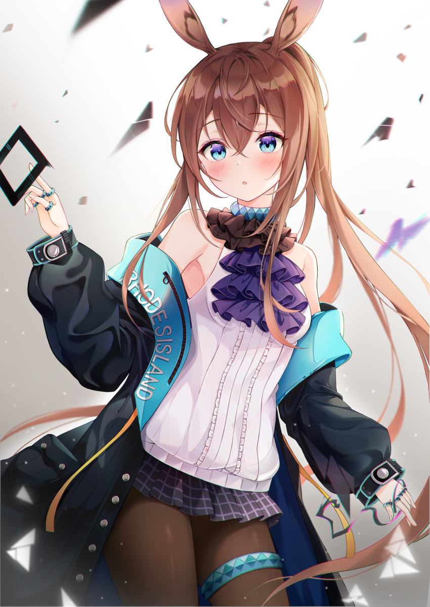 1girl absurdres amiya_(arknights) animal_ears anklet arknights ascot bare_shoulders black_jacket black_skirt blue_eyes breasts brown_hair brown_legwear choker clothes_writing cowboy_shot frills hair_between_eyes hand_up highres jacket jewelry lebring long_hair long_sleeves looking_at_viewer miniskirt multiple_rings off_shoulder open_clothes open_jacket pantyhose parted_lips plaid plaid_skirt pleated_skirt ponytail puffy_sleeves rabbit_ears ring shirt skirt sleeveless sleeveless_shirt small_breasts solo very_long_hair white_background white_shirt