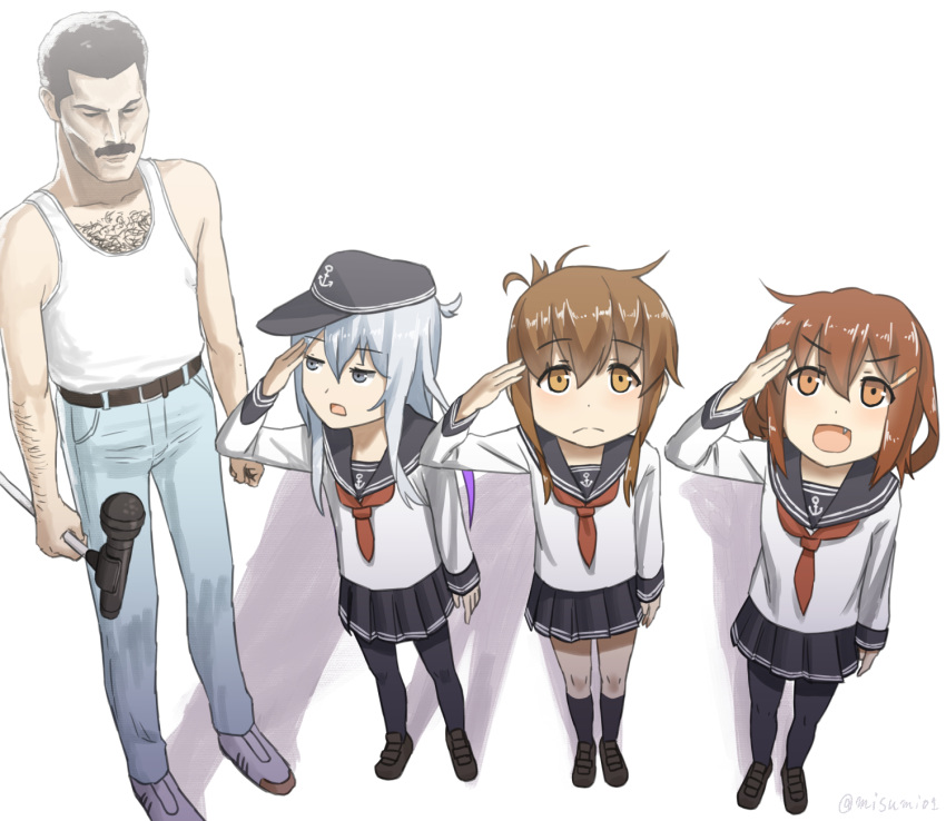 1boy 3girls anchor_symbol arm_hair bangs belt black_headwear black_legwear black_sailor_collar black_skirt blue_eyes brown_eyes brown_hair chest_hair commentary_request denim eyebrows_visible_through_hair facial_hair flat_cap folded_ponytail freddie_mercury hair_between_eyes hat hibiki_(kantai_collection) highres holding holding_microphone ikazuchi_(kantai_collection) inazuma_(kantai_collection) jeans kantai_collection kneehighs long_hair long_sleeves microphone microphone_stand misumi_(niku-kyu) multiple_girls mustache neckerchief open_mouth pants pleated_skirt red_neckwear sailor_collar salute school_uniform serafuku short_hair silver_hair simple_background skirt smile tank_top thigh-highs twitter_username white_background white_tank_top