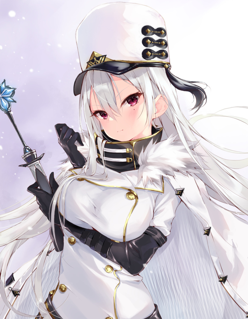 &gt;:) 1girl azur_lane bangs black_gloves blush breast_hold breasts closed_mouth coat coat_dress double-breasted elbow_gloves fur-trimmed_coat fur_trim gloves hair_between_eyes head_tilt highres holding_scepter jacket_on_shoulders large_breasts long_hair looking_at_viewer military military_uniform mole mole_under_eye open_clothes open_coat pink_eyes silver_hair smile smug solo sovetskaya_rossiya_(azur_lane) t-bth uniform v-shaped_eyebrows white_coat white_headwear