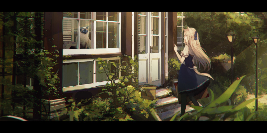 1girl absurdres animal_ears black_legwear blonde_hair blue_dress blue_ribbon braid cat closed_eyes commentary day door dress fantasy hair_ribbon hand_up highres holding_suitcase house lamppost leaf letterboxed long_dress long_hair original pantyhose plant ribbon sagiri_(ulpha220) scenery short_sleeves tail walking window