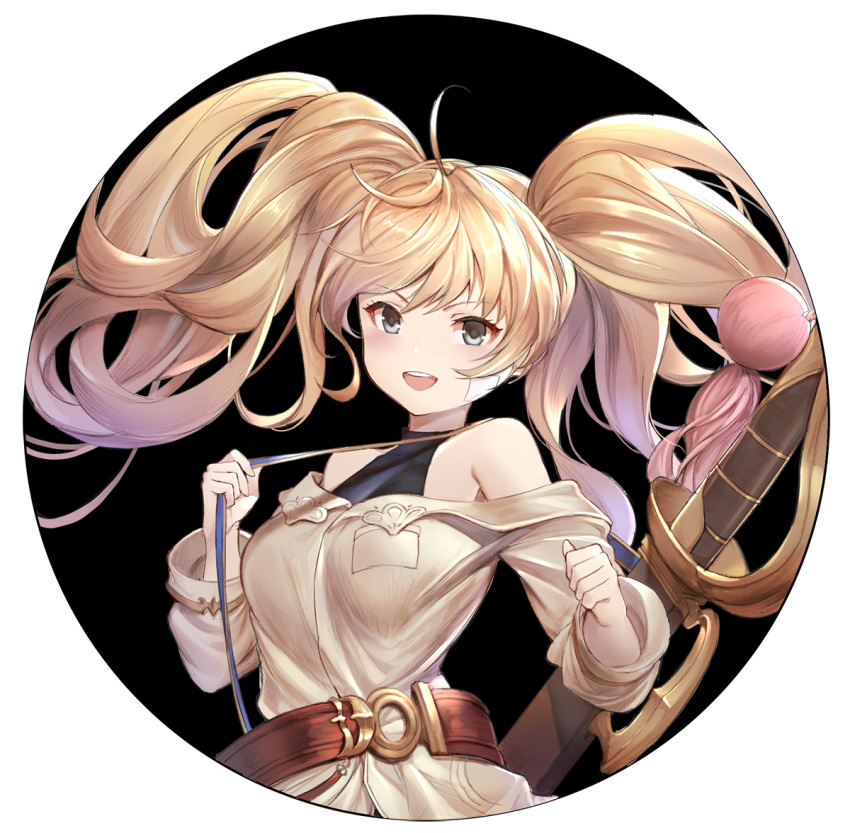 1girl :d ahoge bangs bare_shoulders belt black_background blonde_hair blue_eyes blush breast_pocket breasts commentary_request dress eyebrows_visible_through_hair granblue_fantasy grey_dress long_hair long_sleeves medium_breasts monika_weisswind off-shoulder_dress off_shoulder ohihil open_mouth pocket round_image round_teeth sheath sheathed simple_background smile solo sword teeth upper_body upper_teeth v-shaped_eyebrows very_long_hair weapon