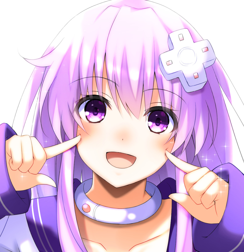 bangs choujigen_game_neptune collar commentary_request d-pad d-pad_hair_ornament doria_(5073726) dress eyebrows_visible_through_hair finger_to_cheek hair_between_eyes hair_ornament index_finger_raised long_hair long_sleeves looking_at_viewer nepgear neptune_(series) pointing pointing_at_self purple_hair sailor_dress sidelocks simple_background violet_eyes white_background