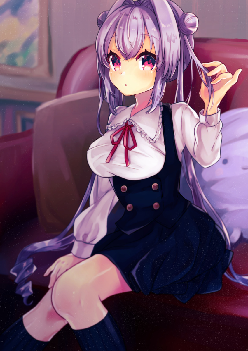 1girl :o bangs beniko_(ymdbnk) black_dress black_legwear blurry blurry_background blush breasts collared_shirt couch depth_of_field double_bun dress eyebrows_visible_through_hair frilled_shirt_collar frills hair_between_eyes hair_intakes hand_up highres indoors kneehighs large_breasts long_hair long_sleeves neck_ribbon on_couch original parted_lips purple_hair red_eyes red_ribbon ribbed_legwear ribbon ringlets shirt sitting sleeveless sleeveless_dress solo twintails very_long_hair white_shirt