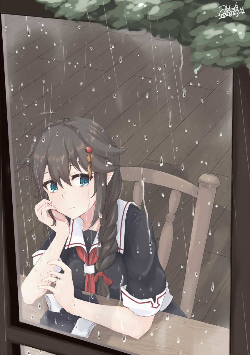 1girl ahoge alakoala black_gloves black_hair black_serafuku blue_eyes braid commentary_request gloves gloves_removed hair_flaps hair_ornament hair_over_shoulder hand_on_own_chin highres kantai_collection long_hair looking_at_viewer neckerchief rain red_neckwear remodel_(kantai_collection) school_uniform serafuku shigure_(kantai_collection) single_braid solo upper_body window