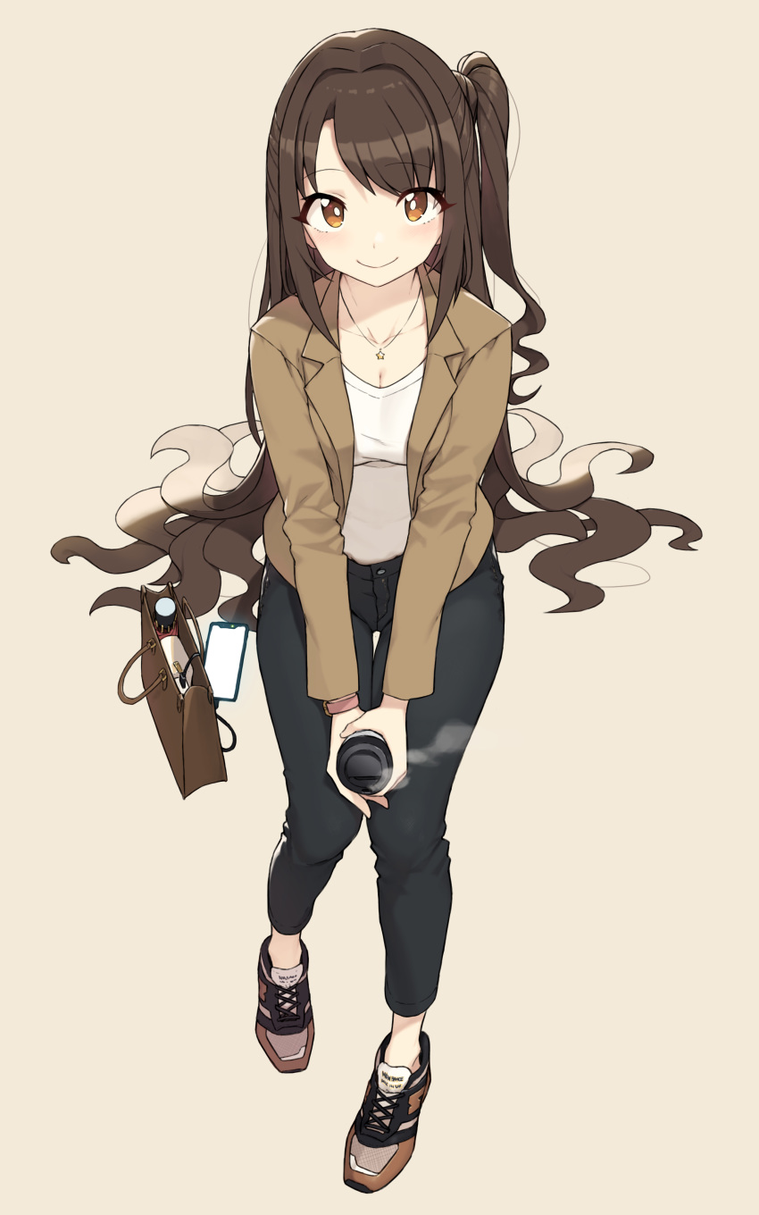 1girl absurdres bag blush brown_eyes brown_hair cellphone cloba commentary_request cup denim disposable_cup eyebrows_visible_through_hair full_body half_updo handbag highres holding holding_cup idolmaster idolmaster_cinderella_girls jacket jewelry long_hair looking_at_viewer necklace one_side_up open_clothes open_jacket pants partial_commentary phone shimamura_uzuki shirt shoes simple_background sitting smartphone smile sneakers solo star star_necklace thigh_gap umbrella very_long_hair watch watch