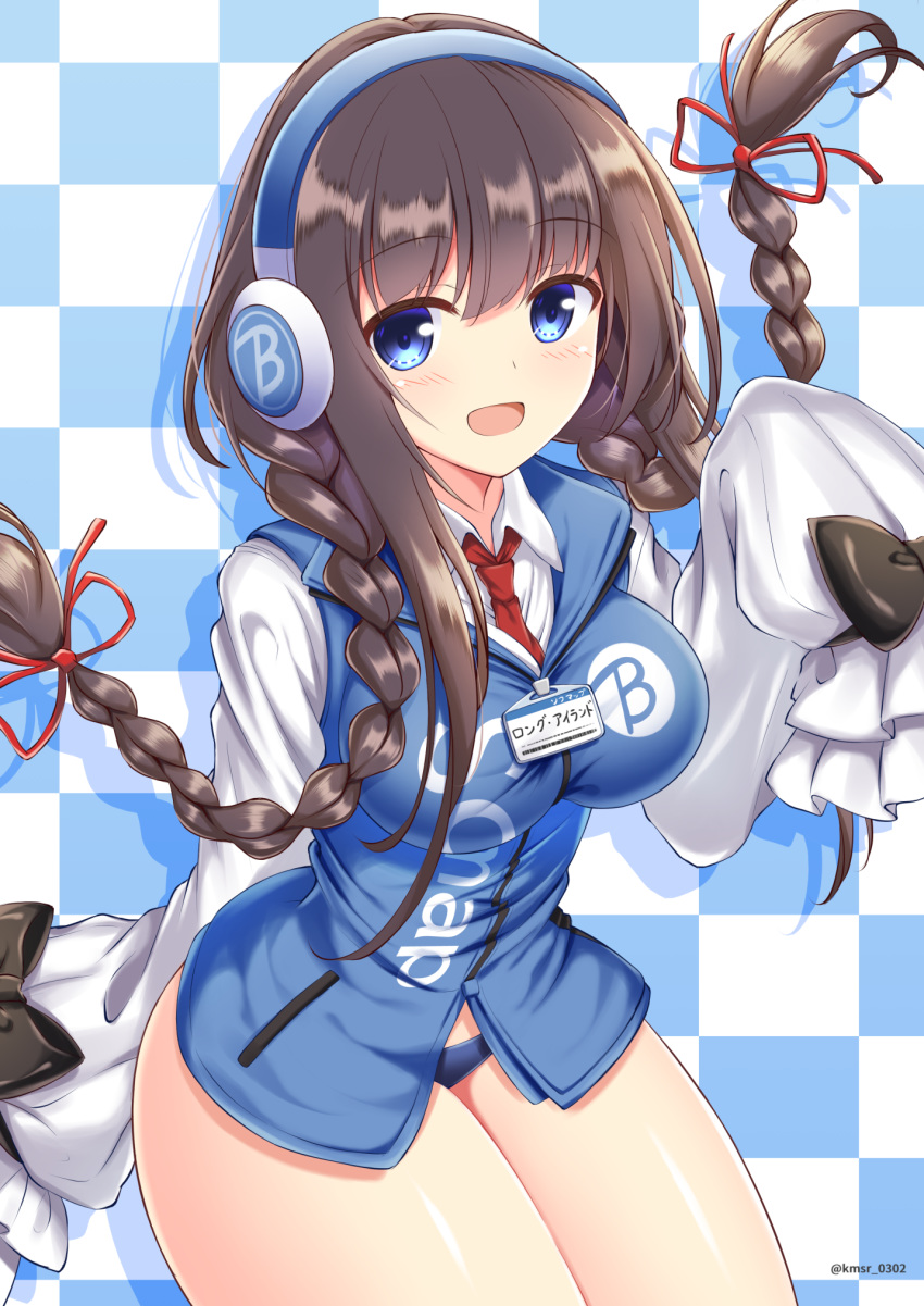 1girl azur_lane badge blue_eyes blue_panties blush braid breasts brown_hair eyebrows_visible_through_hair headphones highres kamishiro_(rsg10679) long_hair long_island_(azur_lane) long_sleeves looking_at_viewer necktie open_mouth panties shirt sleeves_past_wrists smile sofmap sofmap_background solo step_and_repeat thighs twin_braids underwear very_long_hair vest white_shirt