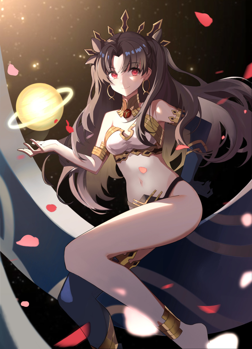 1girl absurdres anklet armlet bandeau bangs bare_legs barefoot black_gloves black_hair black_legwear earrings elbow_gloves eyebrows_visible_through_hair fate/grand_order fate_(series) feet_out_of_frame gloves hand_on_hip highres hoop_earrings ishtar_(fate)_(all) ishtar_(fate/grand_order) jewelry long_hair looking_at_viewer midriff navel petals red_eyes shenyin_jiade_aquan single_glove single_thighhigh smile solo stomach strapless thigh-highs thighs tiara tubetop two_side_up