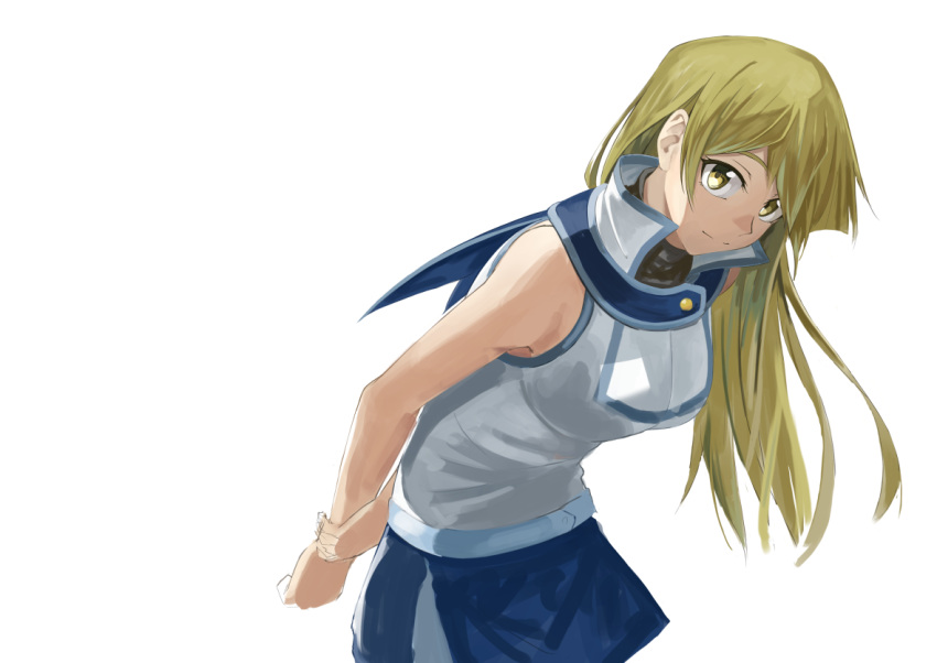 1girl arms_behind_back bangs blonde_hair blue_skirt breasts closed_mouth large_breasts leaning_forward long_hair miniskirt parted_bangs rourou_ill shiny shiny_hair shirt simple_background skirt sleeveless sleeveless_shirt smile solo standing tenjouin_asuka very_long_hair white_background white_shirt yellow_eyes yuu-gi-ou yuu-gi-ou_gx