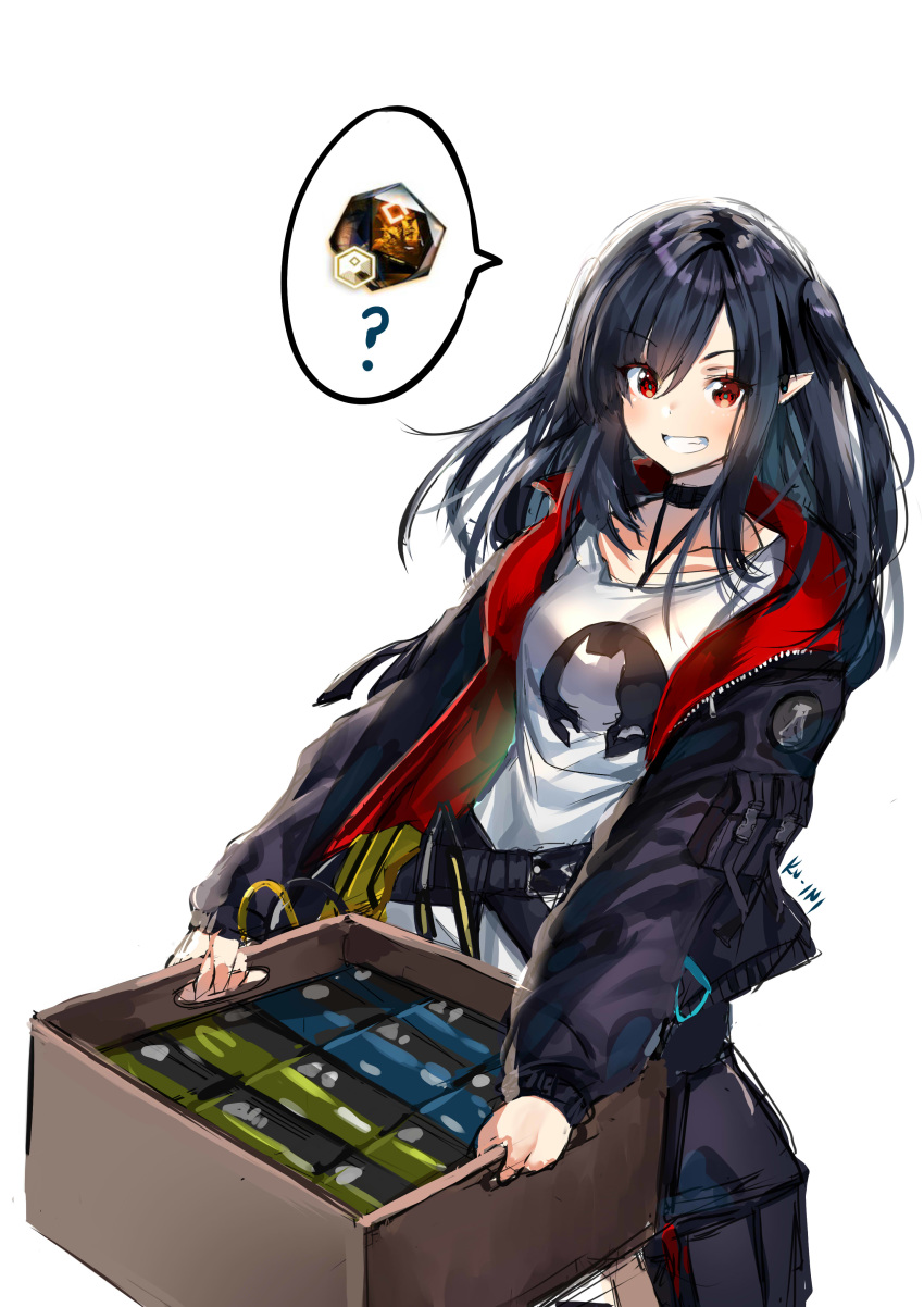 1girl ? absurdres arknights artist_name belt black_coat black_hair box choker closure_(arknights) coat collarbone crate english_commentary grin highres holding holding_box kuini long_hair long_sleeves looking_at_viewer originium_(arknights) red_eyes sharp_teeth shirt simple_background sketch smile solo standing teeth twintails white_background white_shirt