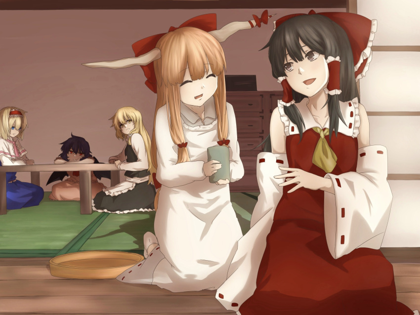 5girls alice_margatroid bat_wings black_hair blonde_hair blue_hair bow closed_eyes cup detached_sleeves drawer hair_bow hair_tubes hakurei_reimu highres holding holding_cup horns ibuki_suika kappougi kirisame_marisa long_hair multiple_girls orange_hair remilia_scarlet ribbon seiza short_hair sitting smile table terimayo touhou wings yellow_ribbon