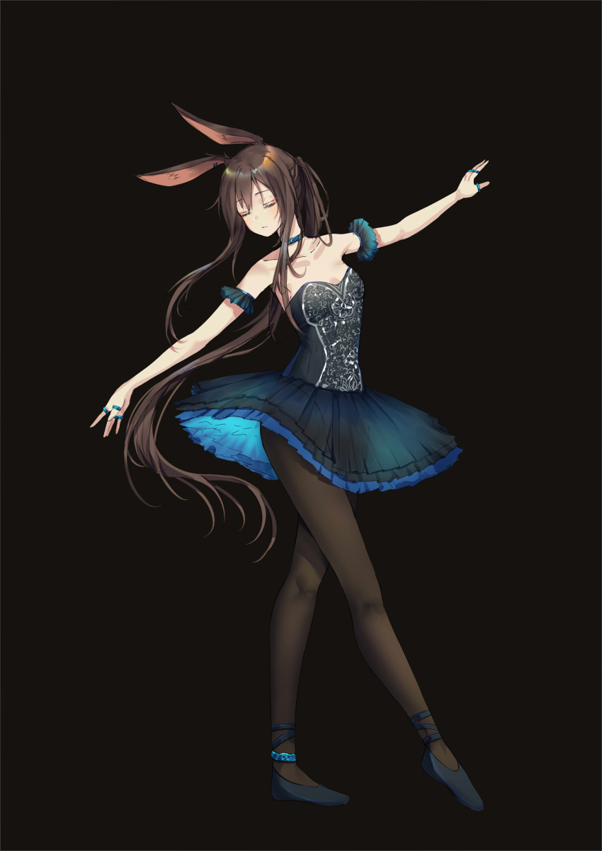 1girl absurdres adapted_costume amiya_(arknights) animal_ears ankle_ribbon anklet arknights arm_cuffs ballerina ballet ballet_slippers black_background black_dress black_legwear blue_footwear breasts brown_hair choker closed_eyes closed_mouth collarbone dancing dress expressionless eyelashes frilled_cuffs frilled_skirt frills full_body highres jewelry kuini leotard long_hair miniskirt multiple_rings off-shoulder_dress off_shoulder outstretched_arms pantyhose pleated_skirt rabbit_ears ribbon ring see-through_silhouette shoes short_dress simple_background skirt small_breasts solo standing