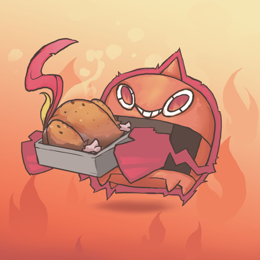 creature fiery_background fire food full_body gen_4_pokemon highres holding looking_at_viewer no_humans pipotchi pokemon pokemon_(creature) rotom rotom_(heat) solo