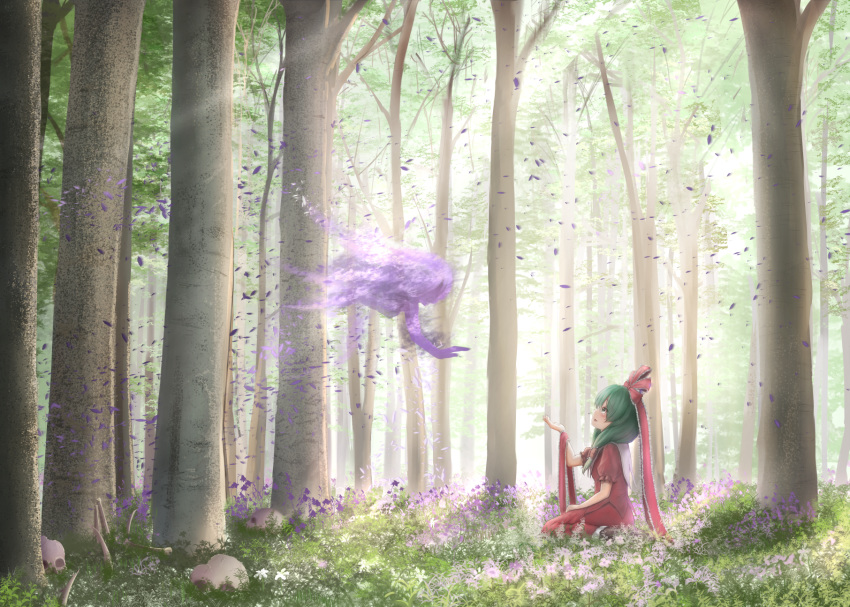 1girl 1other ambiguous_gender arm_up bone commentary_request day flower forest frilled_ribbon frills from_side front_ponytail grass green_eyes green_hair hair_ribbon hand_on_lap head_tilt highres kagiyama_hina long_hair looking_up luke_(kyeftss) nature outdoors parted_lips petals pink_flower profile puffy_short_sleeves puffy_sleeves purple_flower red_shirt red_skirt ribbon shirt short_sleeves sideways_mouth sitting sitting_on_ground skirt skull spirit touhou very_long_hair wariza