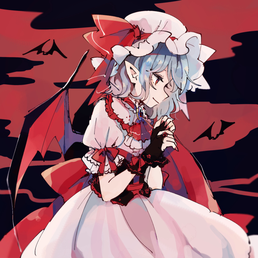 1girl back_bow bat bat_wings black_background black_gloves blue_hair bow brooch dress fingerless_gloves fingernails from_side gloves hands_up hat jewelry long_fingernails mob_cap mozukuzu_(manukedori) pink_dress pointy_ears puffy_short_sleeves puffy_sleeves red_background red_bow red_nails red_neckwear remilia_scarlet sharp_fingernails short_hair short_sleeves solo touhou white_headwear wings