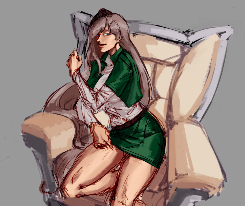 absurdres couch green_skirt grey_hair grey_shirt highres long_hair looking_at_viewer lying moskva_(warship_girls_r) on_side shirt skirt smile tu_mewn warship_girls_r