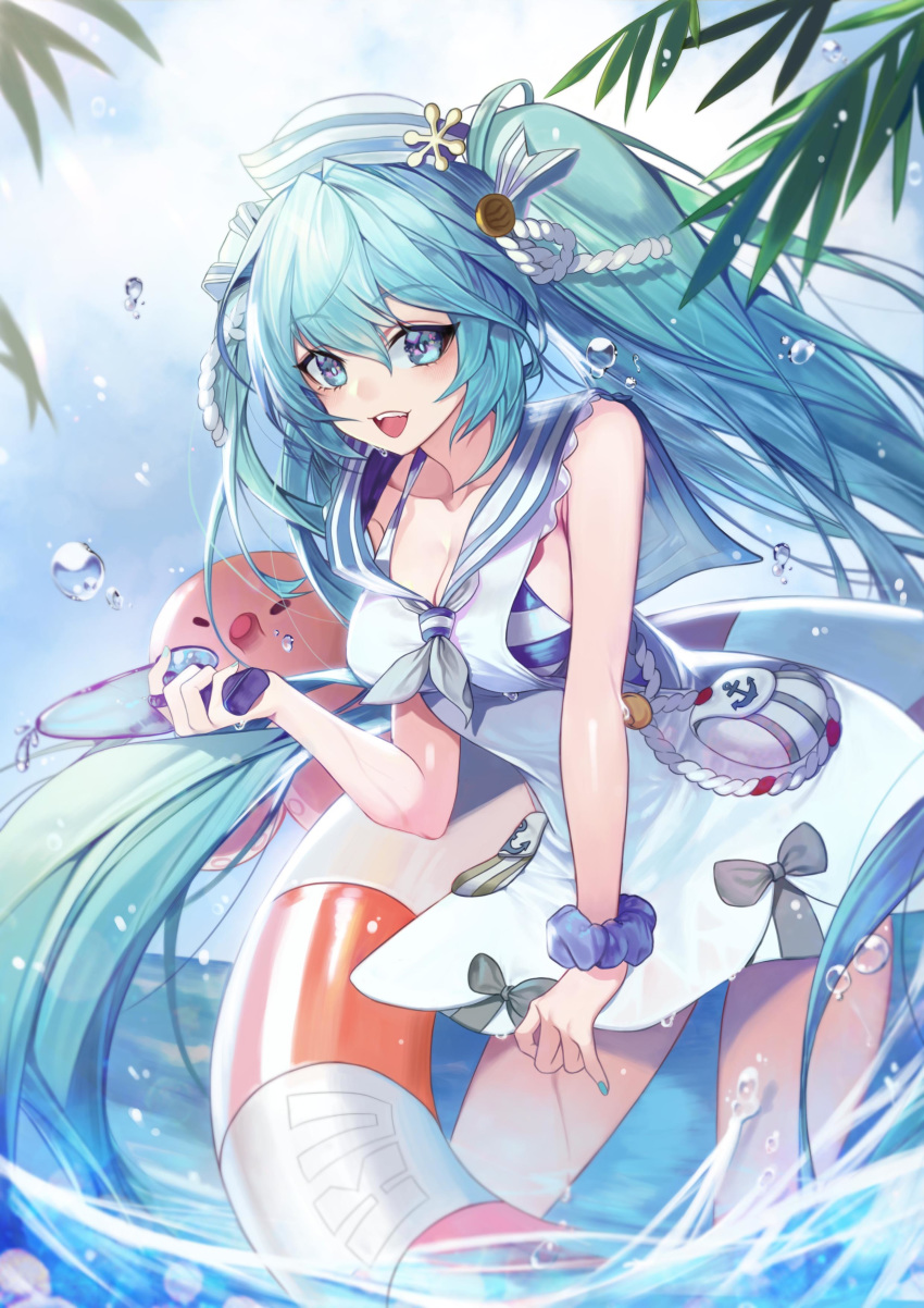 1girl absurdly_long_hair absurdres aqua_eyes aqua_hair breasts chicken_(dalg-idalg) clouds dress dutch_angle hair_between_eyes hat hatsune_miku highres leaning_forward long_hair looking_at_viewer medium_breasts nail_polish octopus open_mouth outdoors partially_submerged sailor_dress sailor_hat scrunchie sky solo standing striped_bikini_top twintails very_long_hair vocaloid wading water_drop white_dress wrist_scrunchie