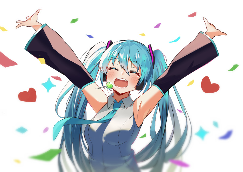 1girl :d ^_^ aqua_hair aqua_neckwear armpits arms_up blush candy closed_eyes commentary dbi_dbi detached_sleeves food happy hatsune_miku headset highres lollipop long_hair necktie open_mouth smile solo teeth twintails vocaloid white_background