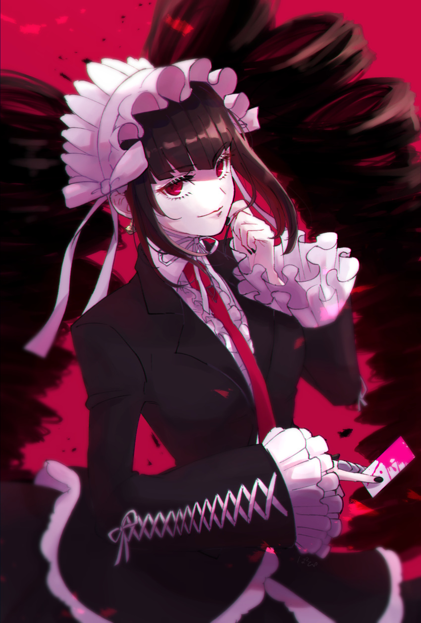 1girl bangs black_hair black_jacket blood breasts card celestia_ludenberg center_frills commentary_request danganronpa:_trigger_happy_havoc danganronpa_(series) drill_hair eyebrows_visible_through_hair frilled_shirt frills gothic_lolita highres holding holding_card jacket large_breasts lolita_fashion long_hair looking_at_viewer necktie open_clothes open_jacket papi_(moe100712) pink_blood red_background red_eyes red_necktie shiny shiny_hair shirt smile solo twin_drills twintails white_shirt