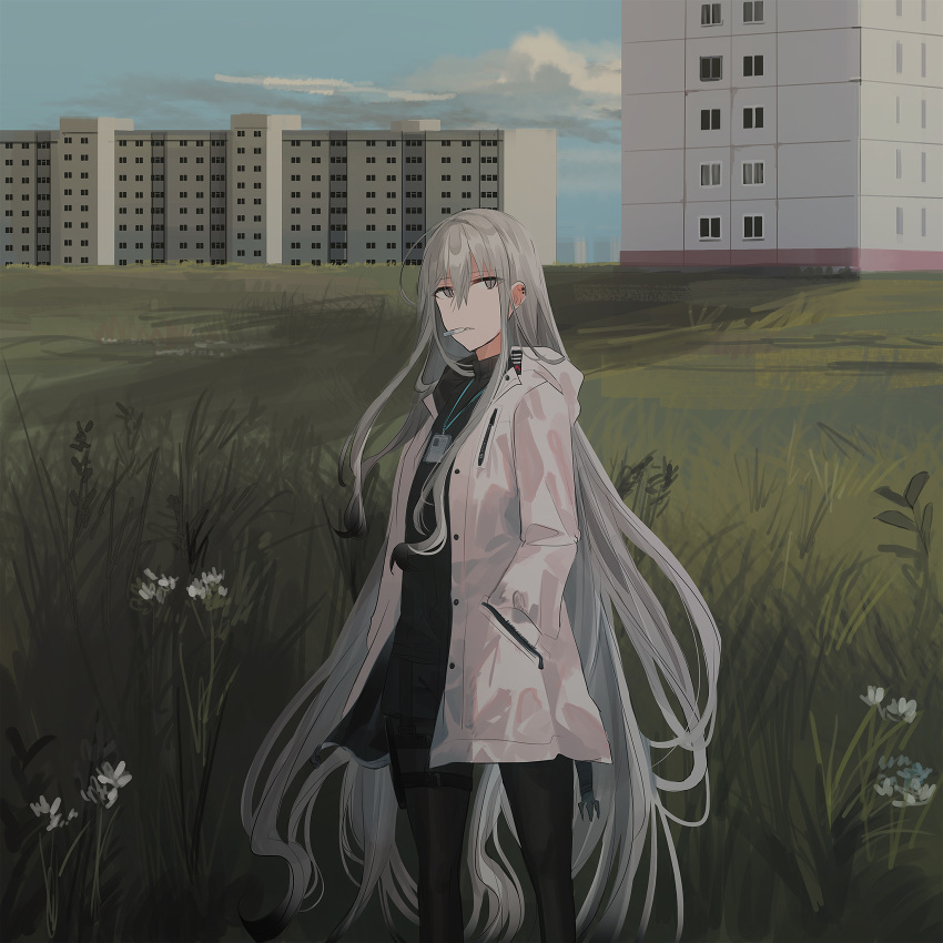 1girl bangs black_legwear black_shirt black_shorts blue_sky building chihuri cigarette clouds day ear_piercing eyebrows_visible_through_hair flower grass grey_eyes grey_hair hair_between_eyes hand_in_pocket highres jacket legwear_under_shorts long_hair long_sleeves looking_at_viewer mouth_hold open_clothes open_jacket original outdoors pantyhose parted_lips piercing shirt short_shorts shorts sky solo standing very_long_hair white_flower white_jacket window zoya_petrovna_vecheslova