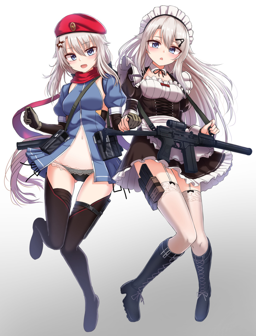 2girls 9a-91 9a-91_(girls_frontline) apron ass_visible_through_thighs beret black_dress black_footwear black_panties blue_dress blue_eyes boots breasts commentary_request detached_collar detached_sleeves dress dual_persona frilled_dress frills garter_straps girls_frontline gradient gradient_background hair_ornament hat highres holding_hands juliet_sleeves knee_boots long_hair long_sleeves looking_at_viewer low_ponytail magazine_(weapon) maid maid_apron maid_headdress medium_breasts multiple_girls navel open_mouth panties pouch puffy_sleeves rabochicken red_headwear scarf scope see-through side-by-side silver_hair star stomach strap thigh-highs thigh_boots underwear very_long_hair waist_apron white_background white_legwear zettai_ryouiki