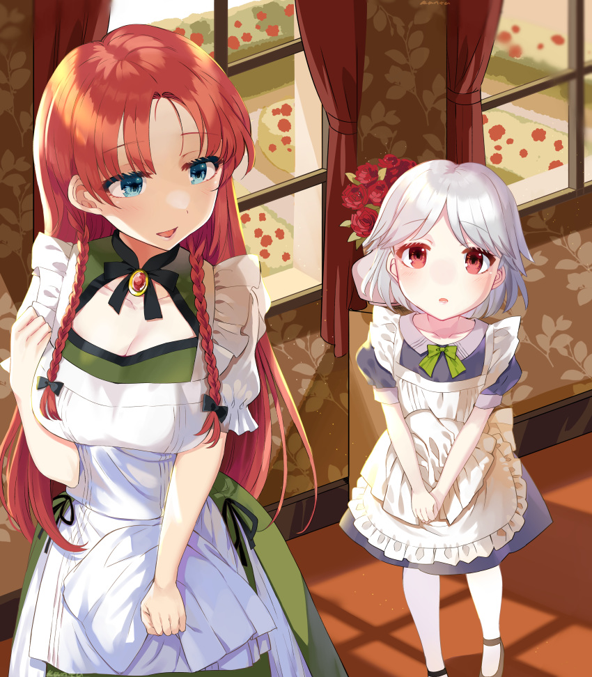 absurdres alternate_costume apron braid brooch chinese_text enmaided frilled_apron frills highres hong_meiling izayoi_sakuya jewelry kanta_(pixiv9296614) long_hair maid maid_apron maid_headdress no_hat no_headwear short_hair touhou twin_braids waist_apron white_apron younger