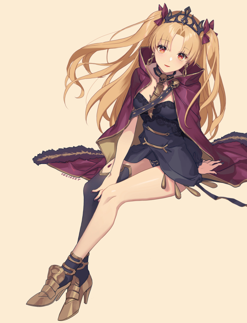 1girl black_legwear blonde_hair breasts earrings ereshkigal_(fate/grand_order) eyebrows_visible_through_hair fate/grand_order fate_(series) full_body highres jewelry large_breasts long_hair looking_at_viewer red_eyes single_thighhigh sitting solo thigh-highs twintails yume_ou