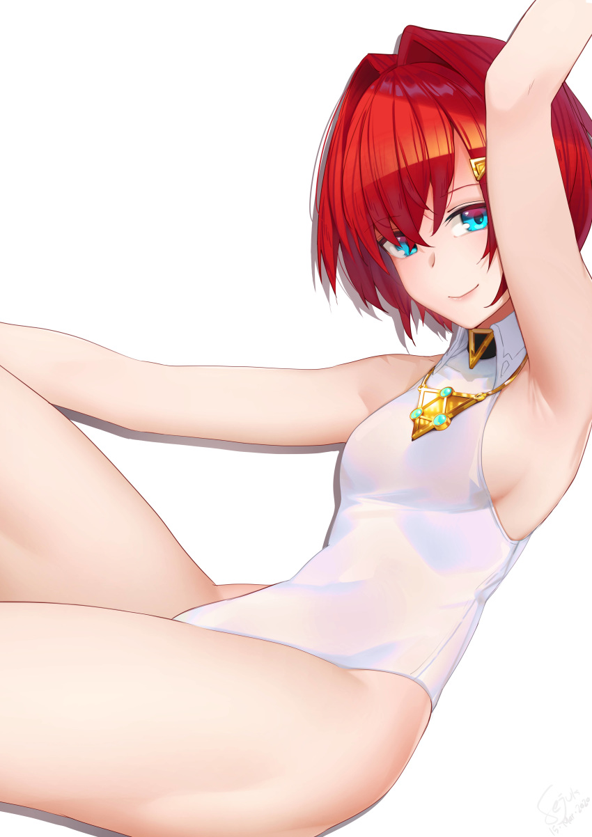 1girl absurdres ange_katrina arm_up armpits bangs blue_eyes bob_cut breasts commentary dated hair_between_eyes hair_intakes hair_ornament hairclip highleg highleg_leotard highres jewelry leotard looking_at_viewer necklace nijisanji redhead sejuk short_hair sideboob signature simple_background sitting small_breasts smile solo thighs triforce virtual_youtuber white_background white_leotard