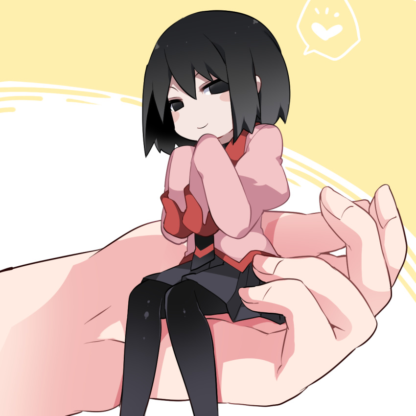 bangs black_eyes black_hair black_legwear black_neckwear black_skirt blush_stickers bob_cut carrying closed_mouth commentary empty_eyes hair_between_eyes hammer_(sunset_beach) hands_on_own_chin hands_together heart highres light_smile looking_at_viewer minigirl monogatari_(series) necktie on_head oshino_ougi pantyhose person_on_head puffy_sleeves school_uniform short_hair sitting skirt sleeves_past_wrists spoken_heart yellow_background