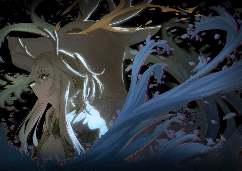 1girl animal antlers arknights bangs breasts collared_shirt firewatch_(arknights) from_side grey_hair hair_between_eyes highres hood hood_down hoodie leaf leaves_in_wind lingmuqianyi long_hair open_clothes open_hoodie ponytail profile reindeer reindeer_antlers reindeer_girl shirt sidelocks small_breasts wind