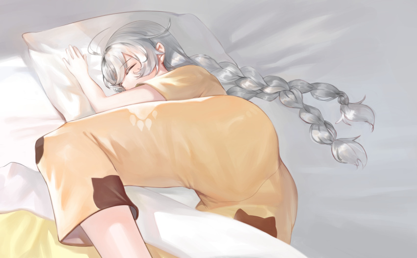 1girl animal_print arm_up ass bangs bed_sheet braid brown_pants brown_shirt cat_print closed_eyes commentary_request dokomon eyebrows_visible_through_hair highres honkai_(series) honkai_impact_3rd kiana_kaslana korean_commentary long_hair low_twintails lying on_side pajamas pants pillow print_pants shirt short_sleeves silver_hair solo twin_braids twintails very_long_hair