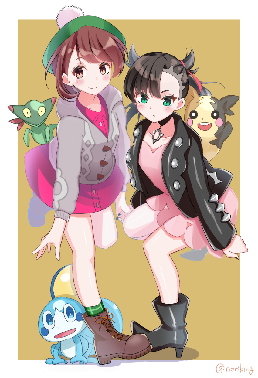 2girls :o absurdres asymmetrical_bangs bangs black_choker black_footwear black_hair black_jacket black_nails blush boots brown_background brown_eyes brown_footwear brown_hair cardigan character_request choker closed_mouth collarbone collared_dress commentary_request cross-laced_footwear dress eyebrows_behind_hair gen_8_pokemon green_eyes green_headwear green_legwear grey_cardigan hair_ribbon high_heel_boots high_heels highres holding_hands honorikiti hood hood_down hooded_cardigan jacket lace-up_boots long_sleeves mary_(pokemon) morpeko morpeko_(full) multiple_girls nail_polish open_clothes open_jacket parted_lips pink_dress pokemon pokemon_(creature) pokemon_(game) pokemon_swsh purple_dress red_ribbon ribbon shadow smile sobble socks tam_o'_shanter twintails twitter_username two-tone_background v-shaped_eyebrows white_background yuuri_(pokemon)