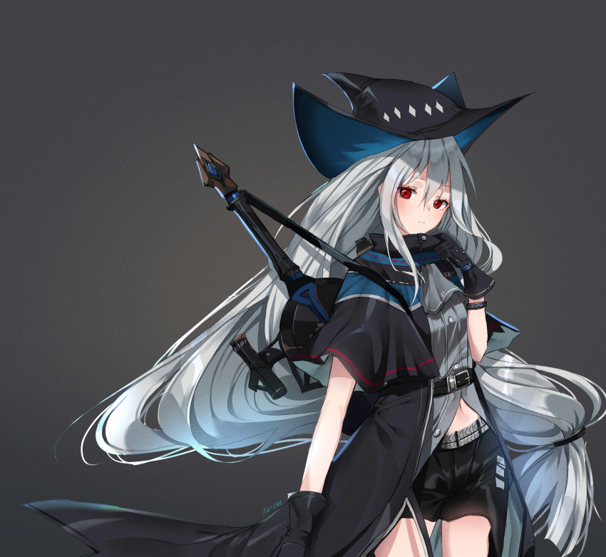 1girl absurdres adjusting_collar arknights artist_name belt black_coat black_gloves black_headwear black_shorts bracelet breasts closed_mouth coat cowboy_shot expressionless floating_hair gloves gradient gradient_background grey_background grey_shirt hair_between_eyes hat highres jewelry kuini long_hair looking_at_viewer low-tied_long_hair midriff navel neckerchief partially_unbuttoned red_eyes science_fiction shirt short_shorts shorts shoulder_strap signature silver_hair simple_background skadi_(arknights) small_breasts solo sword thighs weapon
