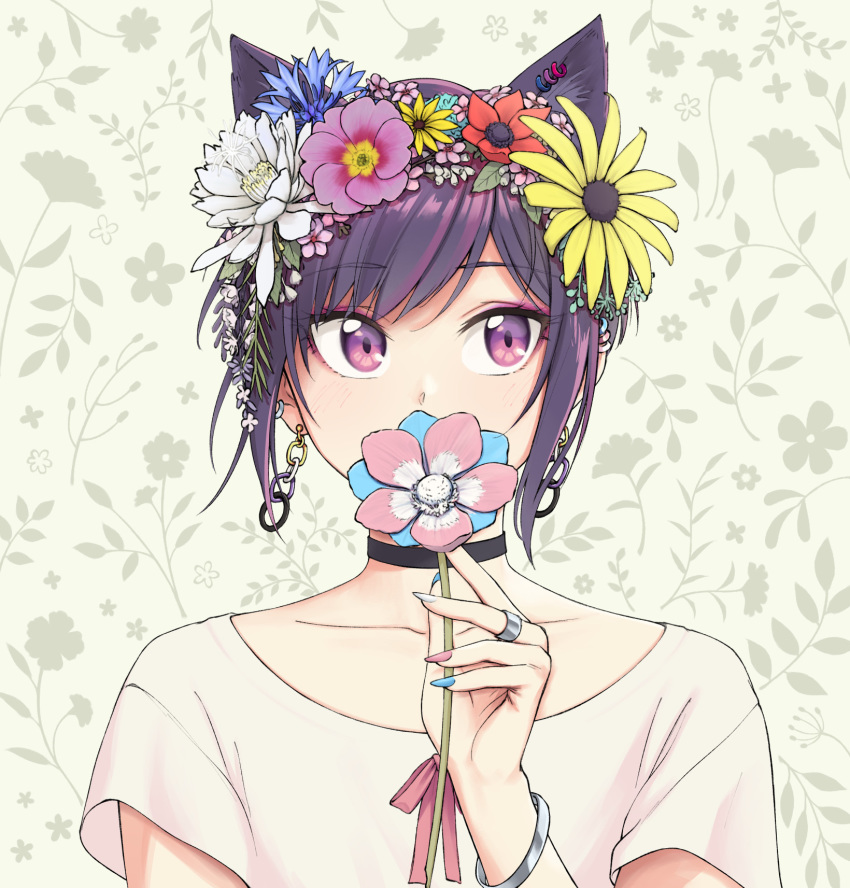 1non-binary androgynous animal_ears bisexual_flag bracelet cat_ears choker collarbone earrings eyebrows_visible_through_hair flower gay hair_flower hair_ornament highres jewelry lgbt_pride looking_at_viewer non-binary_flag nyanbinary original pas'_black-haired_catperson pas_(paxiti) purple_hair queer shirt short_hair short_sleeves trans transgender transgender_flag upper_body violet_eyes white_shirt