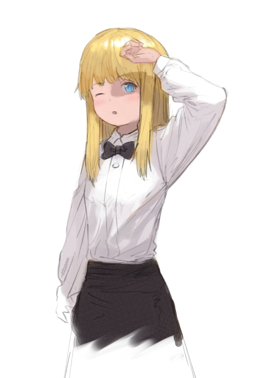 1girl black_neckwear black_skirt blonde_hair blue_eyes bow bowtie collared_shirt copyright_request cowboy_shot dress_shirt hand_over_eye hand_up highres long_hair long_sleeves parted_lips shirt simple_background skirt solo standing wasabi60 white_background white_shirt wing_collar