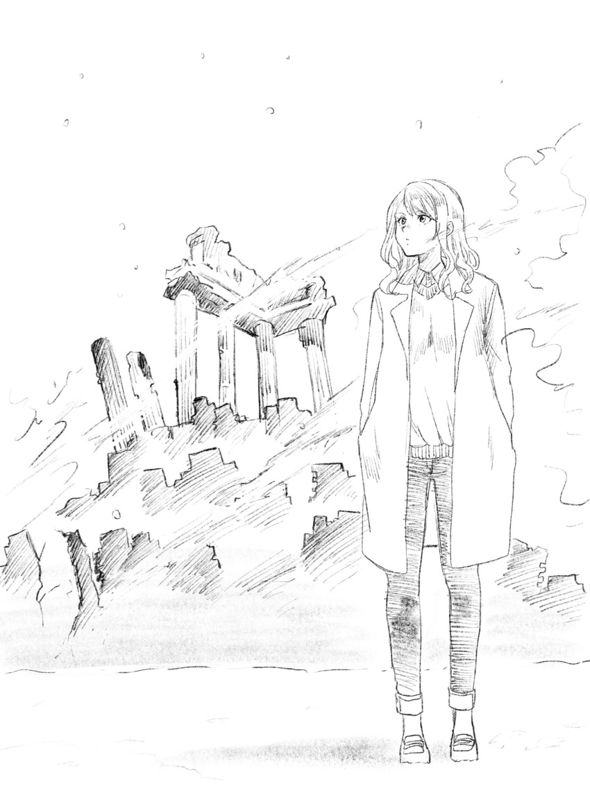 1girl closed_mouth coat collared_shirt full_body greyscale hands_in_pockets highres long_hair looking_up monochrome nikaidou_kou open_clothes open_coat original outdoors pants ruins shirt shoes solo standing wing_collar