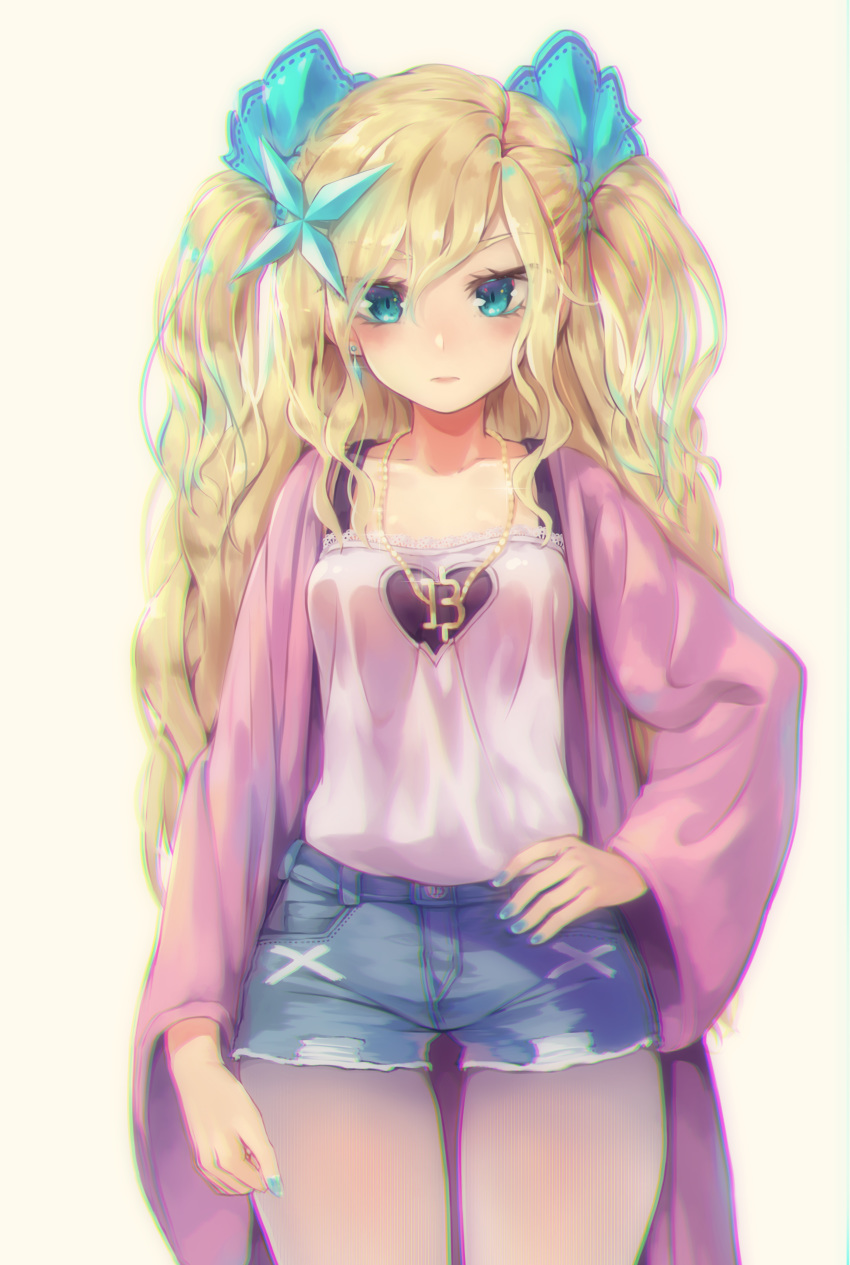 1girl absurdres blonde_hair breasts collarbone commentary_request denim denim_shorts green_eyes hair_between_eyes hair_ornament highres jacket jewelry long_hair long_sleeves looking_at_viewer necklace original pink_jacket short_shorts shorts small_breasts torieto twintails wavy_hair