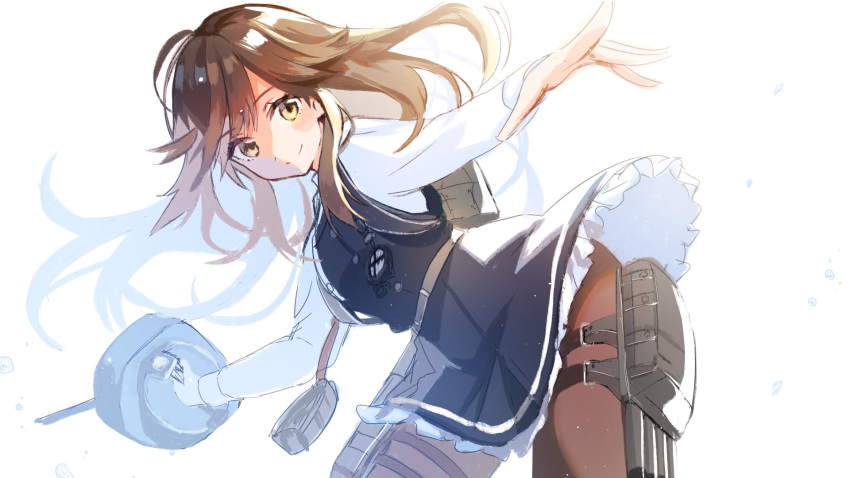 1girl arashio_(kantai_collection) black_legwear blush brown_eyes brown_hair dress highres kantai_collection long_hair long_sleeves looking_at_viewer naarann pantyhose pinafore_dress remodel_(kantai_collection) ribbon school_uniform shirt skirt smile solo torpedo_tubes turret white_shirt yellow_eyes