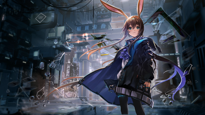 1girl absurdres amiya_(arknights) animal_ears arknights ascot bangs black_jacket black_legwear blue_eyes broken_glass brown_hair building chinese_text expressionless eyebrows_visible_through_hair flush frilled_ascot frills glass hair_between_eyes highres hood hood_down hooded_jacket i-ron jacket jewelry long_hair long_sleeves magic multiple_rings neck_ring neon_lights open_clothes open_jacket pantyhose pillar plaid plaid_skirt pleated_skirt rabbit_ears ring shirt sidelocks sign skirt skyscraper solo standing thumb_ring white_shirt