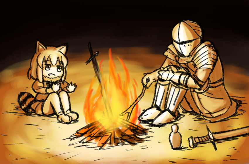 1boy 1girl :d animal_ears arai-san_mansion armor bonfire bottle campfire chosen_undead commentary_request common_raccoon_(kemono_friends) crossover dark_souls dress epaulettes fire full_armor fur_collar gauntlets helmet kemono_friends knees_to_chest open_mouth outstretched_arms raccoon raccoon_ears raccoon_tail sitting smile souls_(from_software) spread_fingers stick sword tail tenten_(nicoseiga18696142) weapon